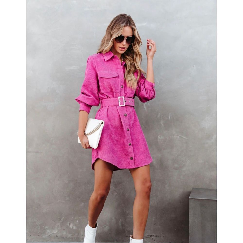 Vici Hot Pink Button-Front Belted Mini Shirt Dress